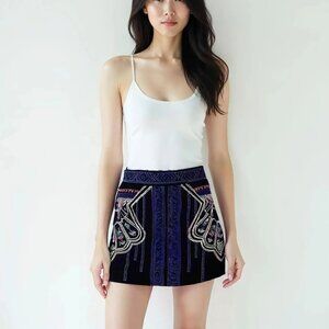 Anthropologie Embroidered Bohemian Blue Black Pink Pencil Mini Dress Skirt S